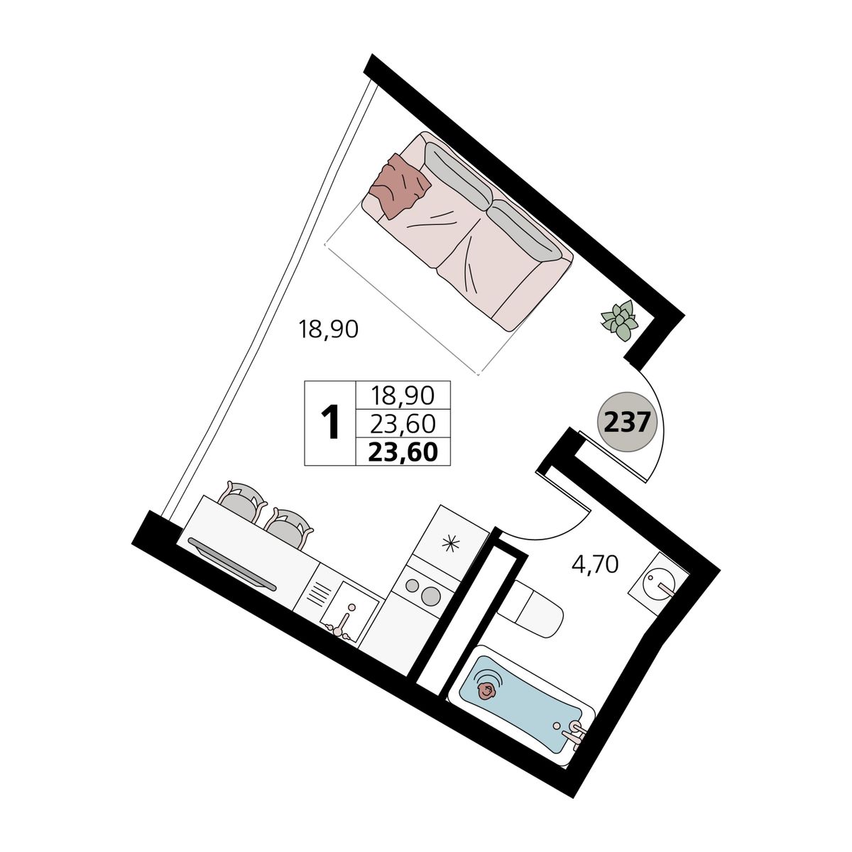 1-к, 23.6 м² · Атлантис