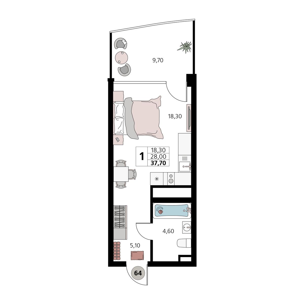 1-к, 37.7 м² · Атлантис