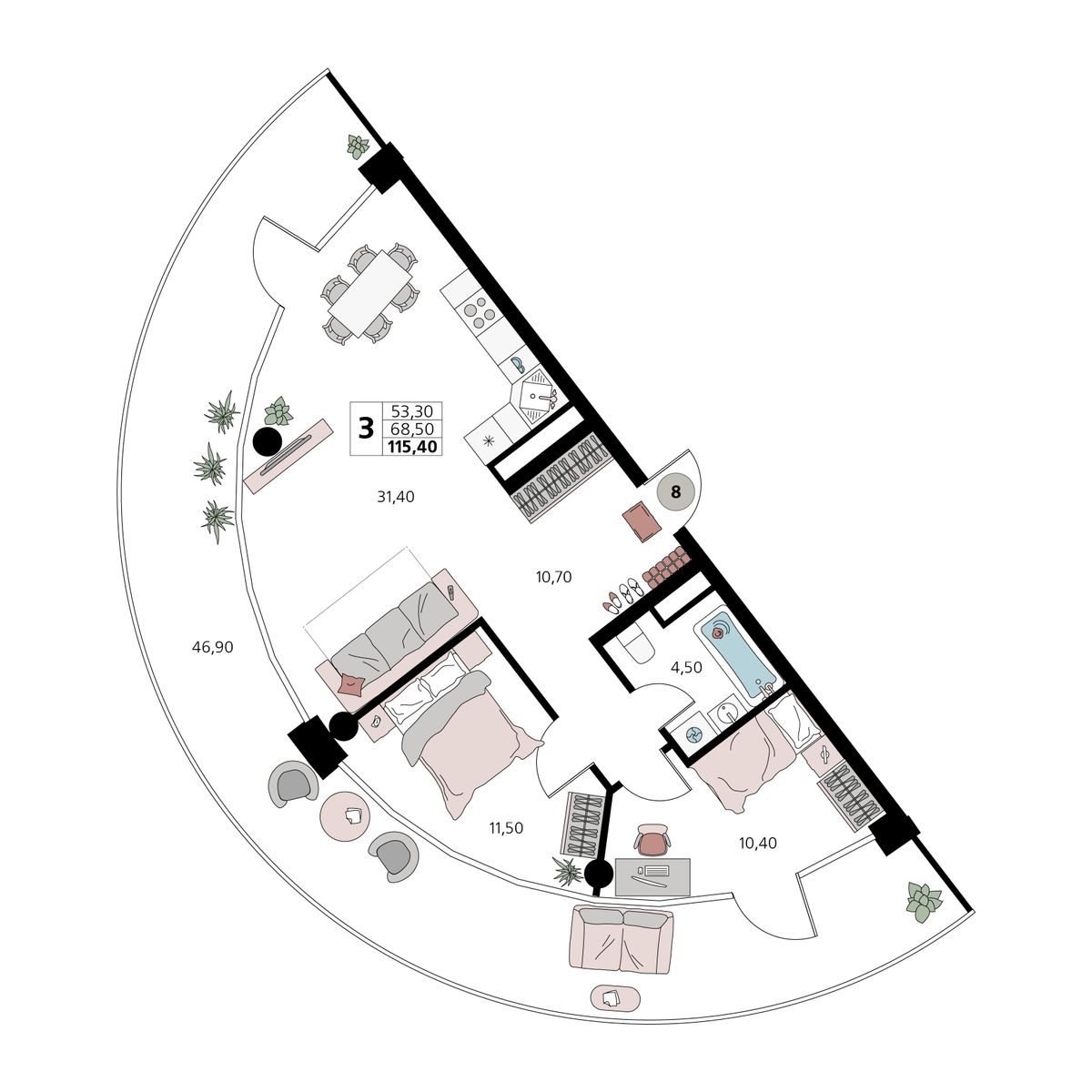 3-к, 115.4 м² · Атлантис