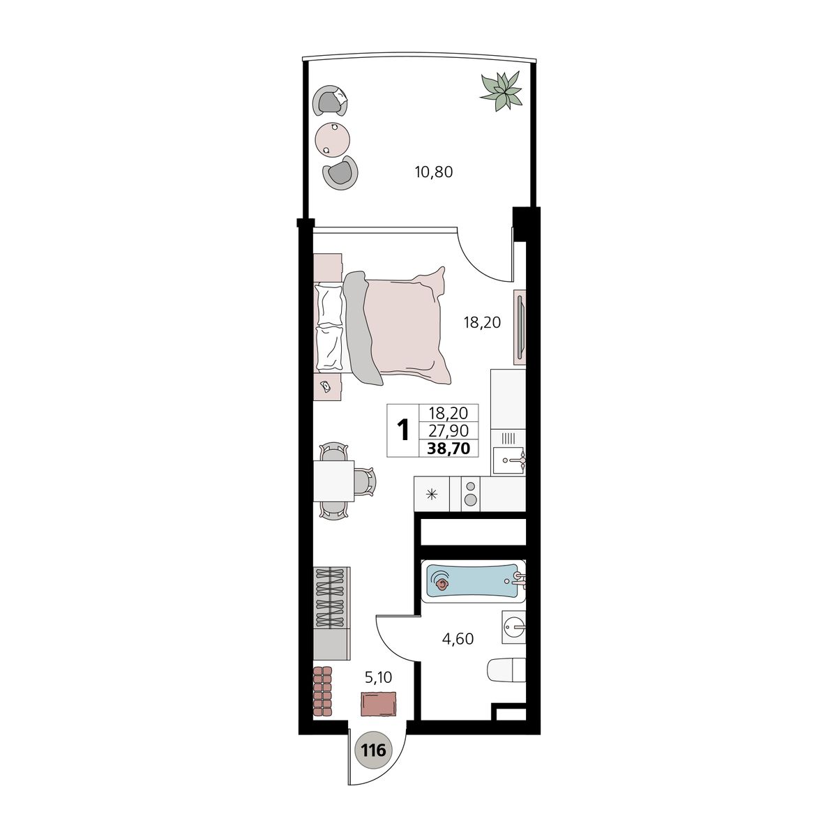 1-к, 38.7 м² · Атлантис
