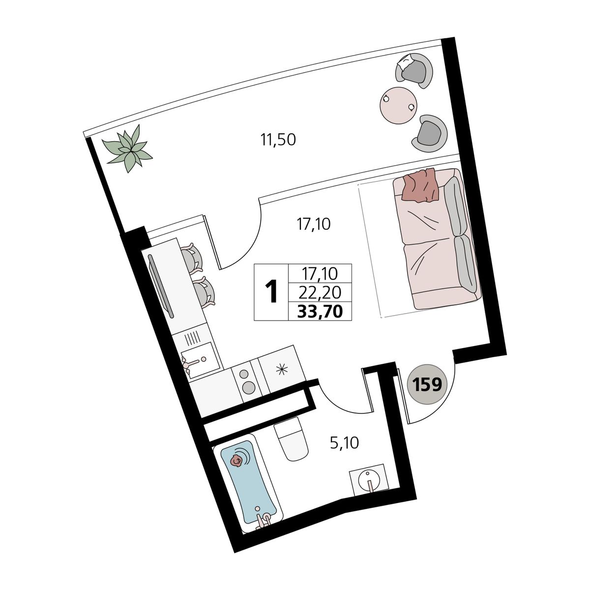 1-к, 33.7 м² · Атлантис