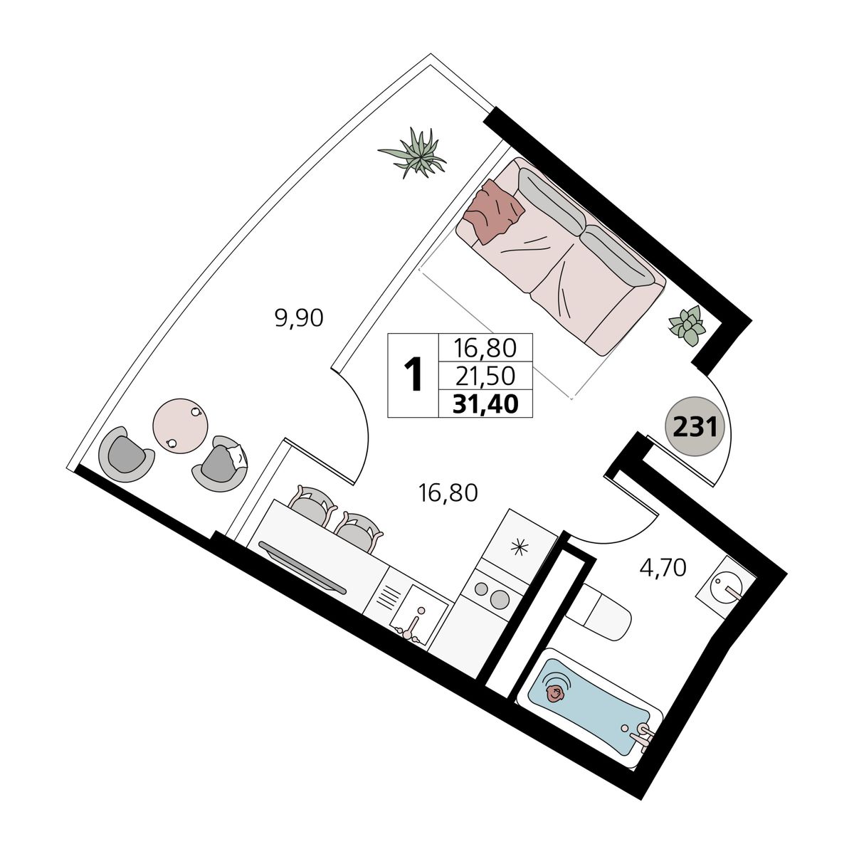 1-к, 31.4 м² · Атлантис