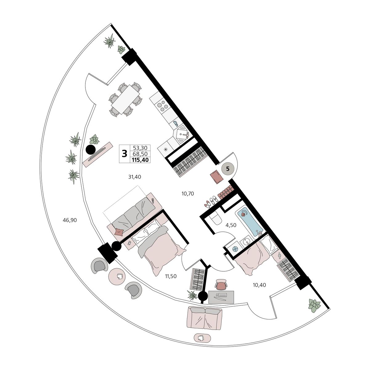3-к, 115.4 м² · Атлантис