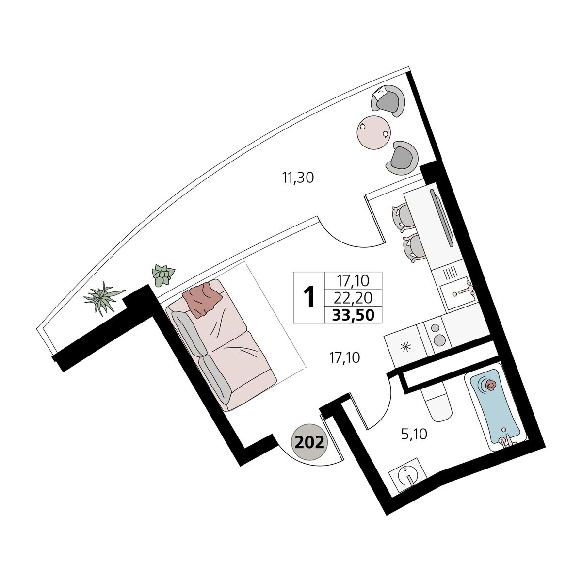 1-к, 33.5 м² · Атлантис