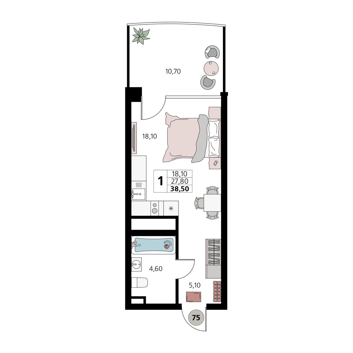 1-к, 38.5 м² · Атлантис
