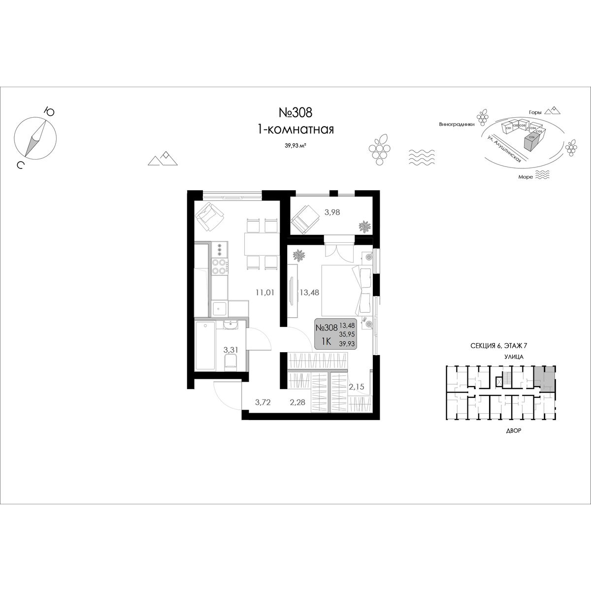 1-комнатная, 39.93 м² 1
