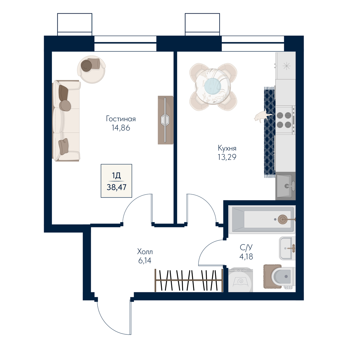 1 комн. Квартира 38.5 кв. м