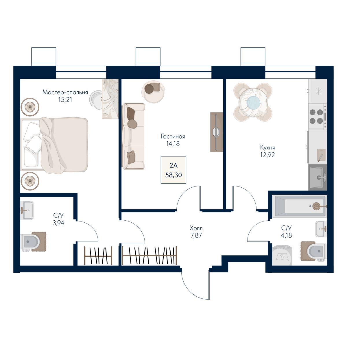 2 комн. Квартира 58.3 кв. м