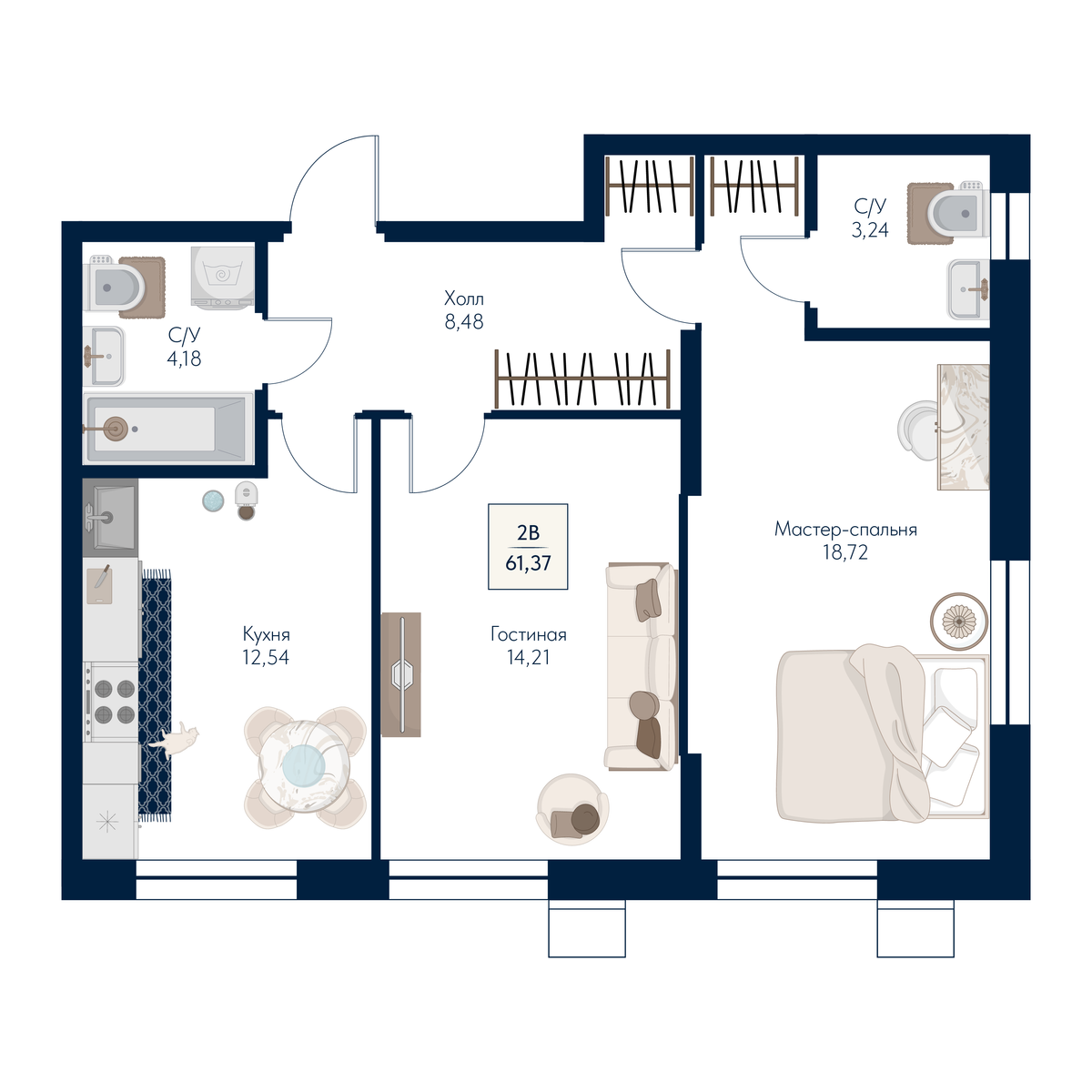 2 комн. Квартира 61.4 кв. м