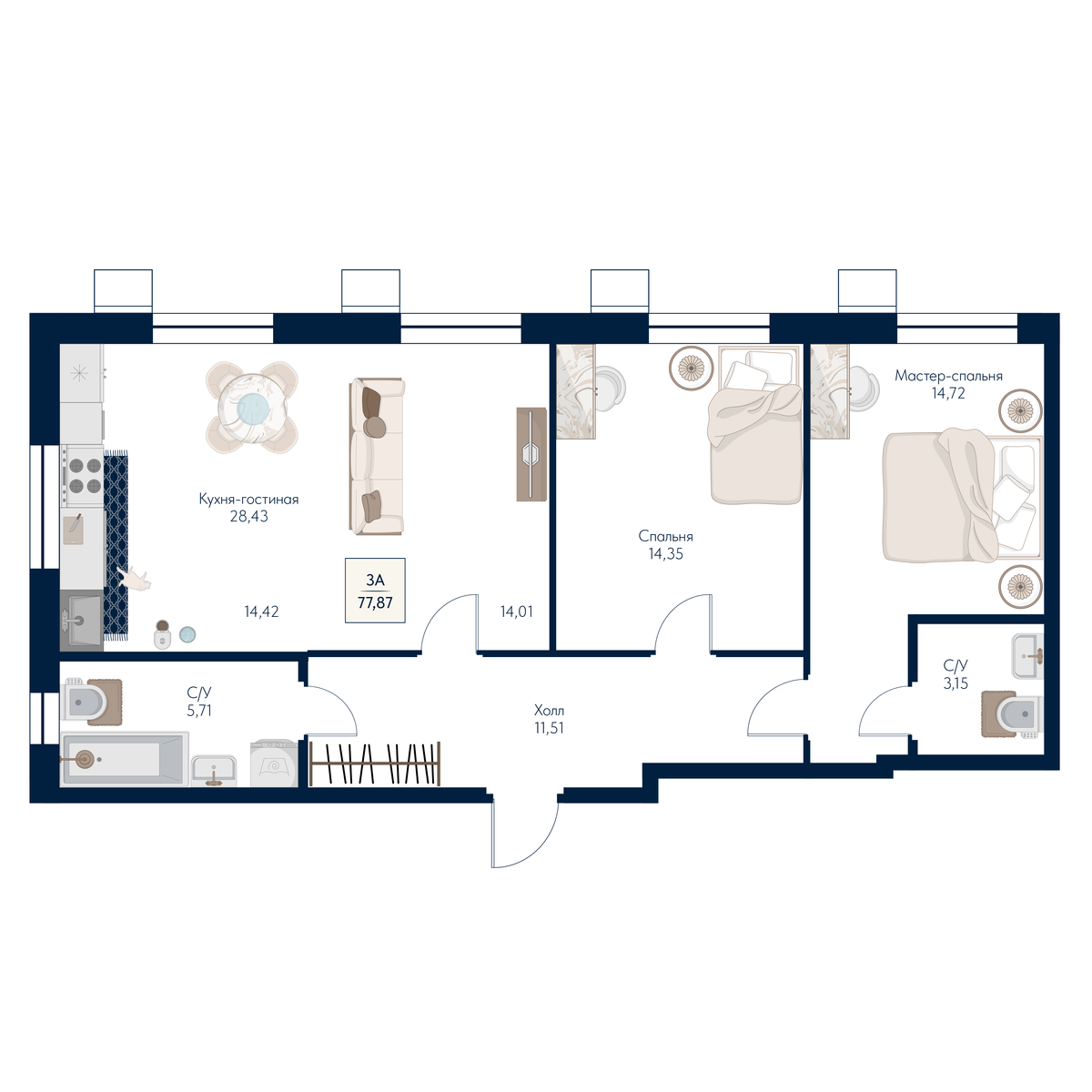 3 комн. Квартира 77.9 кв. м
