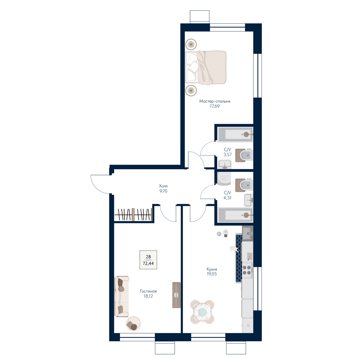 2 комн. Квартира 72.4 кв. м