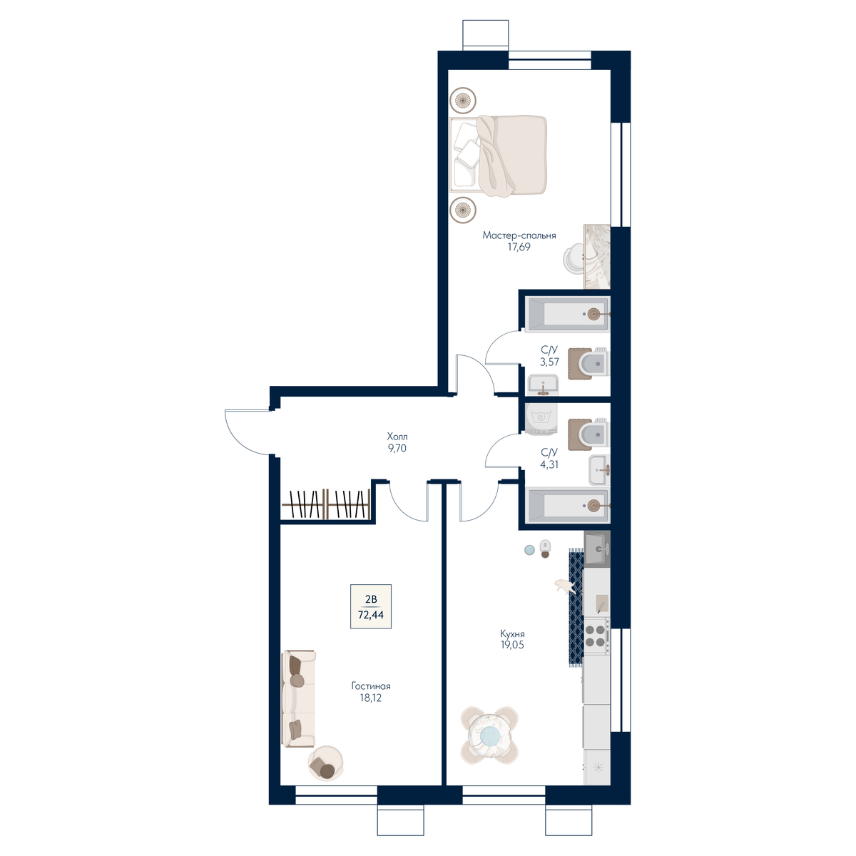 2 комн. Квартира 72.4 кв. м