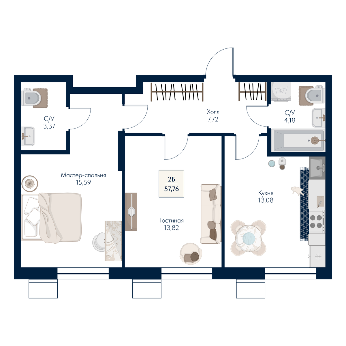 2 комн. Квартира 57.8 кв. м