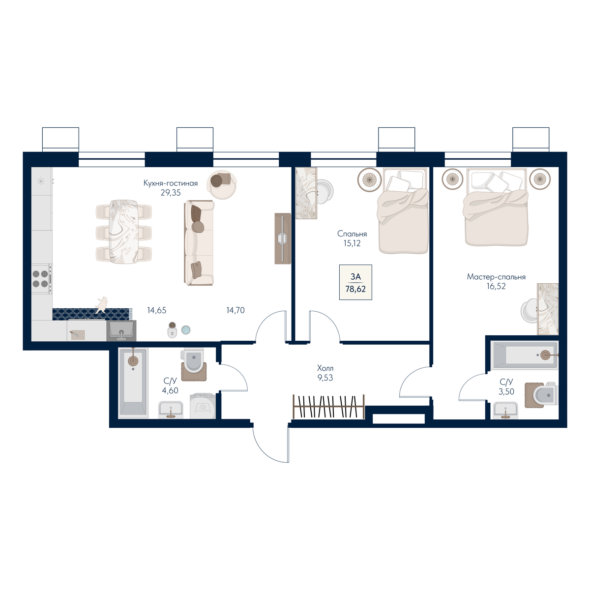 3 комн. Квартира 78.6 кв. м