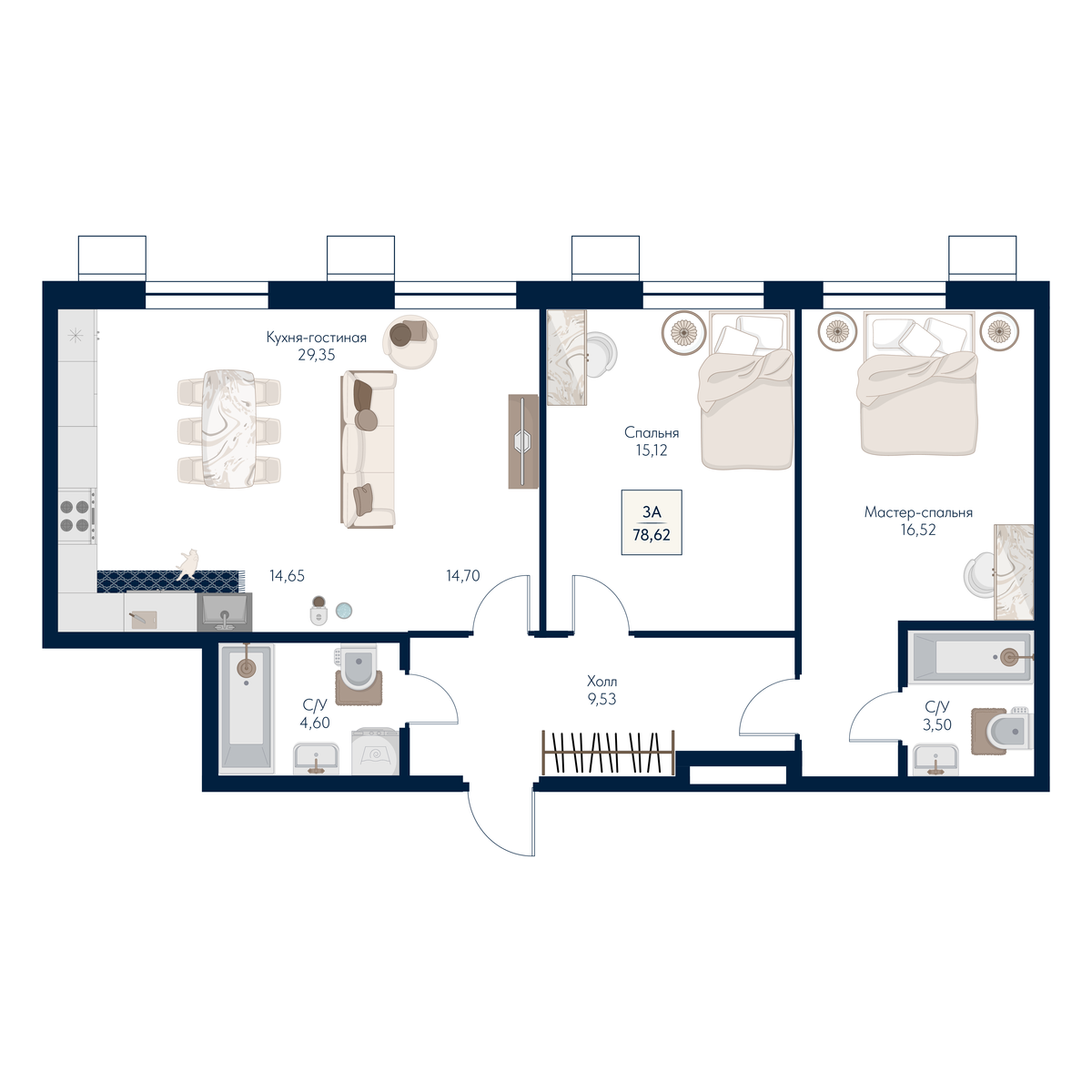 3 комн. Квартира 78.6 кв. м