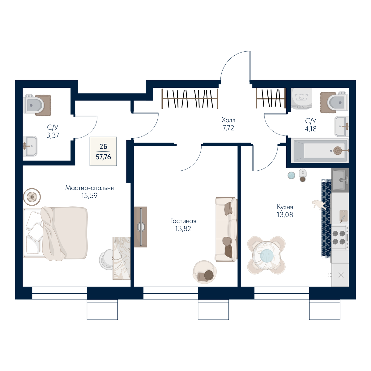 2 комн. Квартира 57.8 кв. м