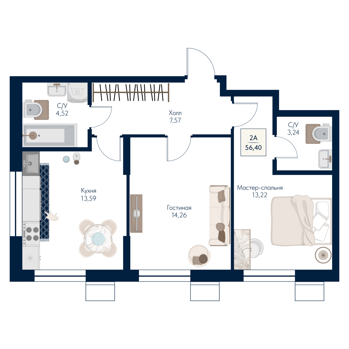 2 комн. Квартира 56.4 кв. м