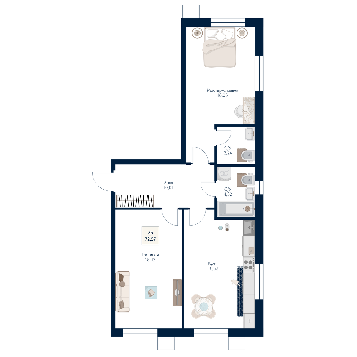 2 комн. Квартира 72.6 кв. м