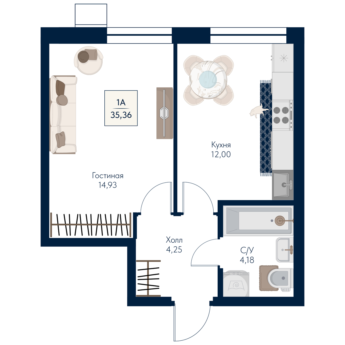 1 комн. Квартира 35.4 кв. м