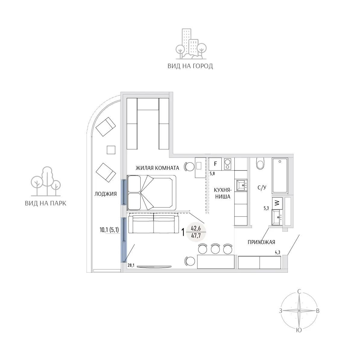 Студия, 47.7 м² · Комарово