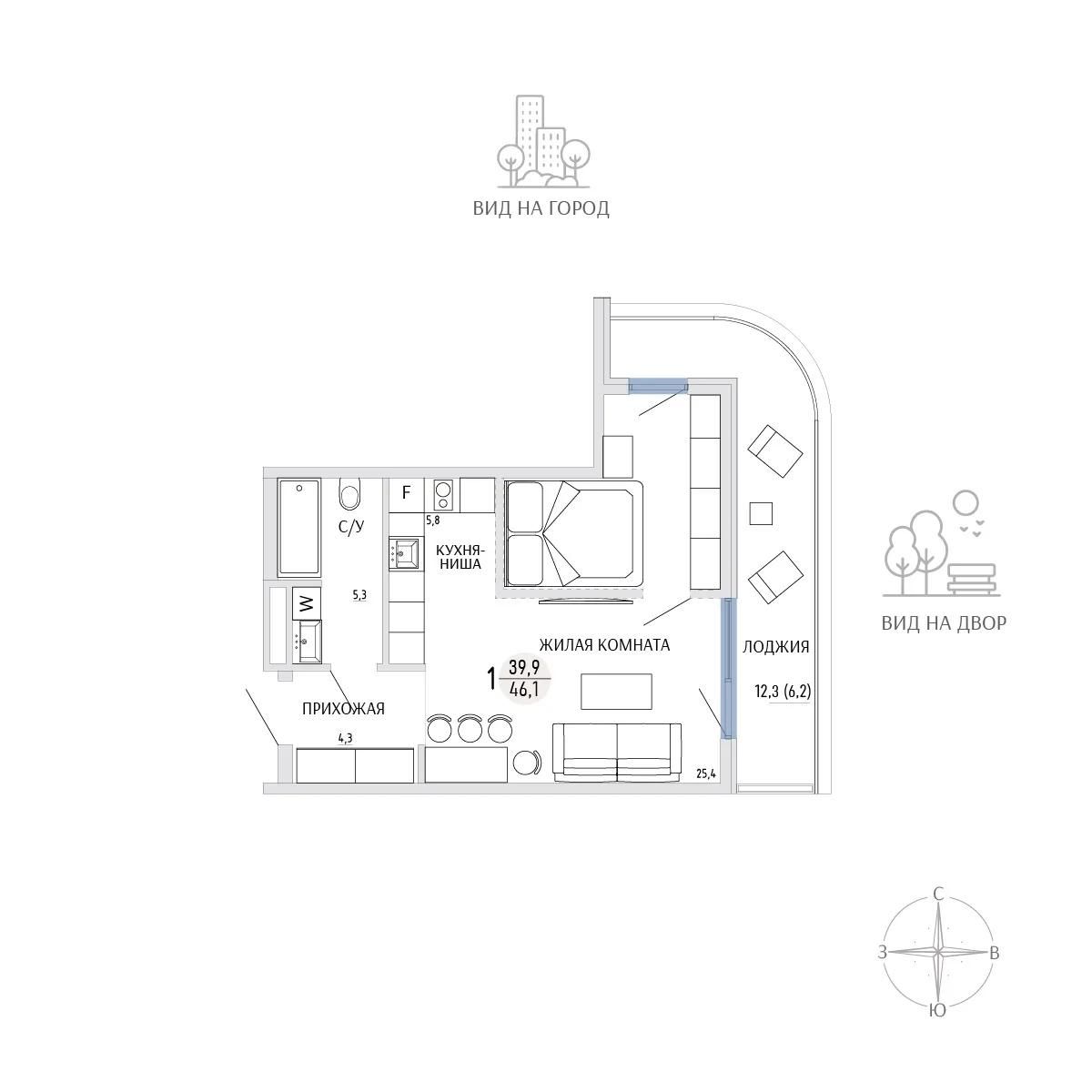 Студия, 46.1 м² · Комарово