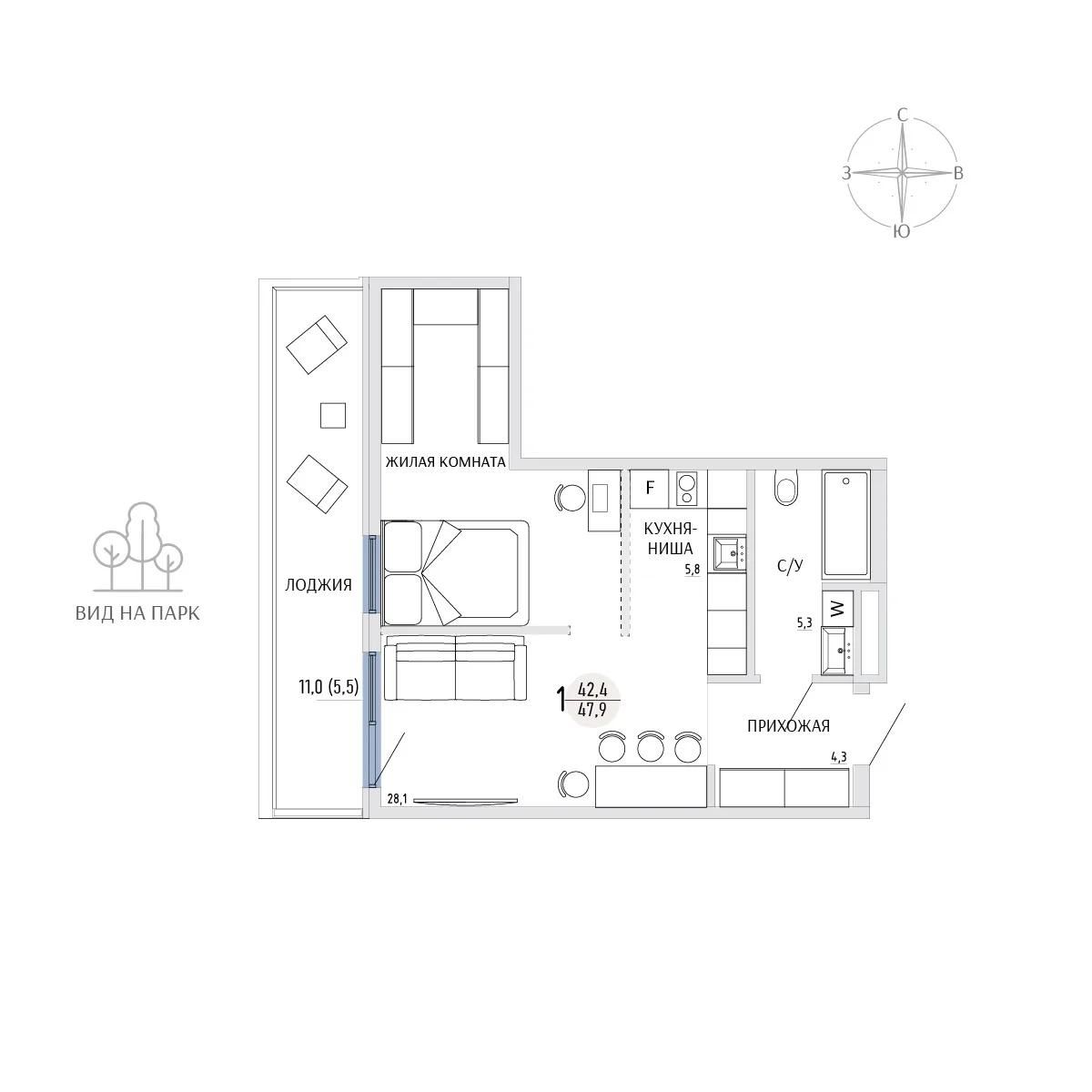 Студия, 47.9 м² · Комарово