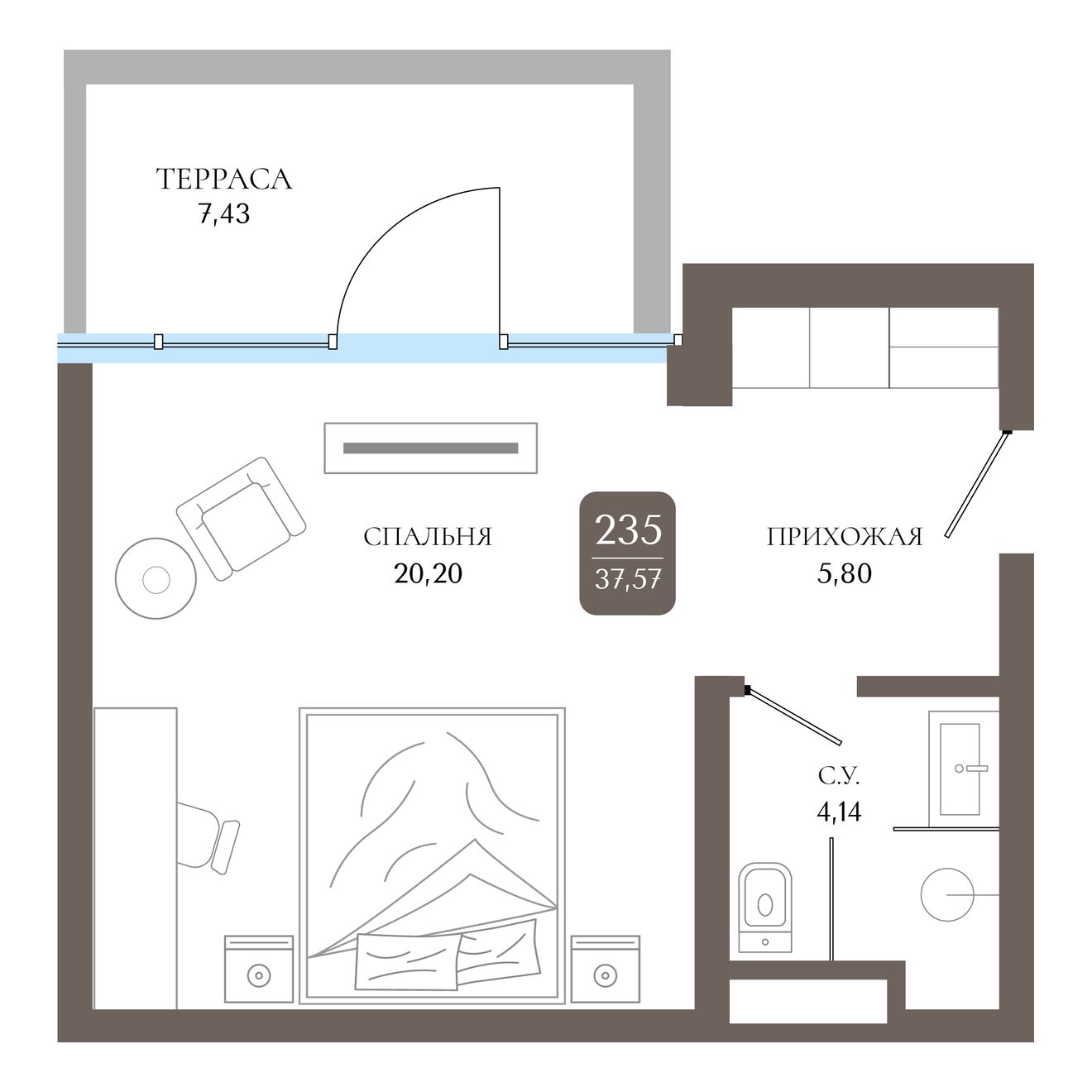 Студия, 37.57 м² · Берий Палас