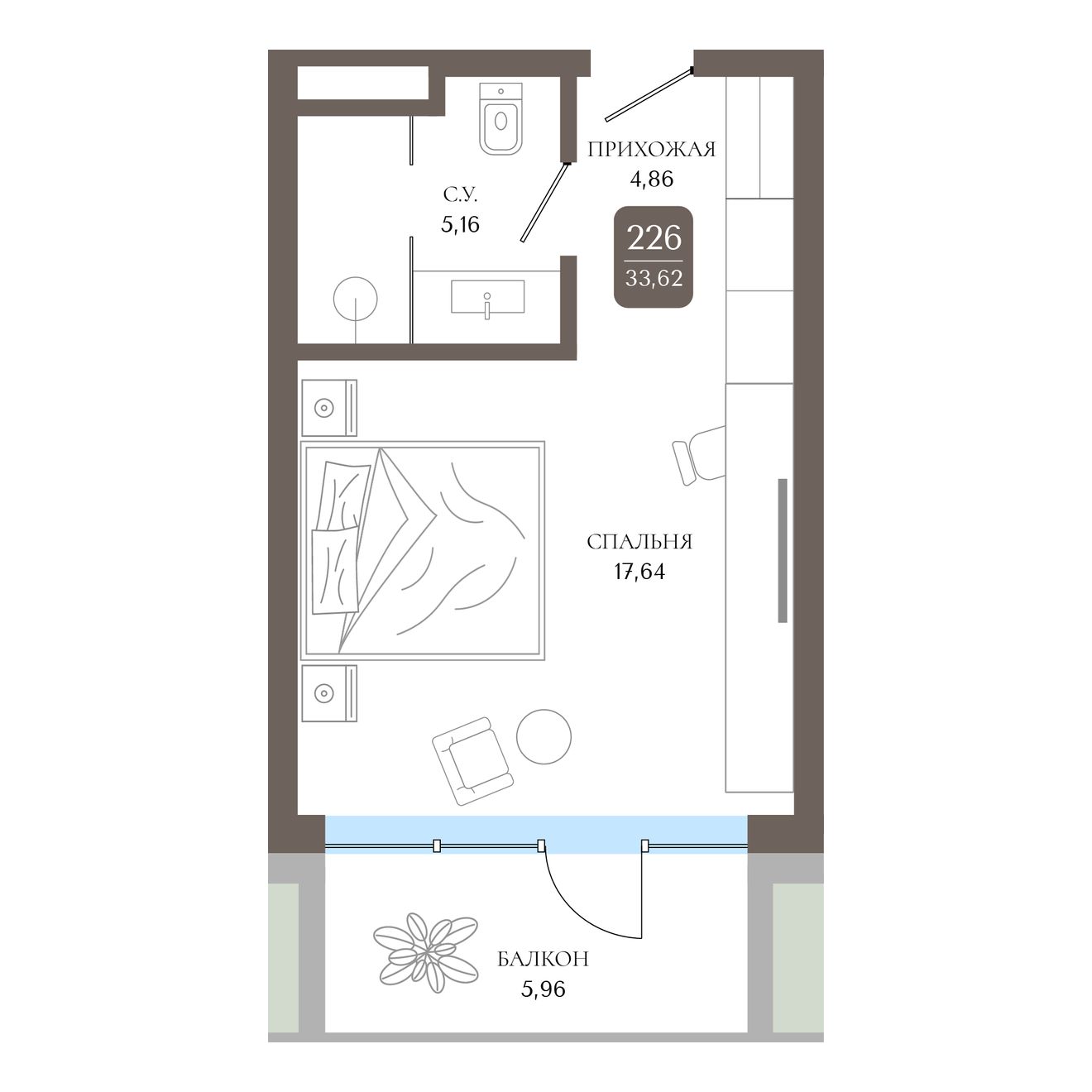 Студия, 33.62 м² · Берий Палас