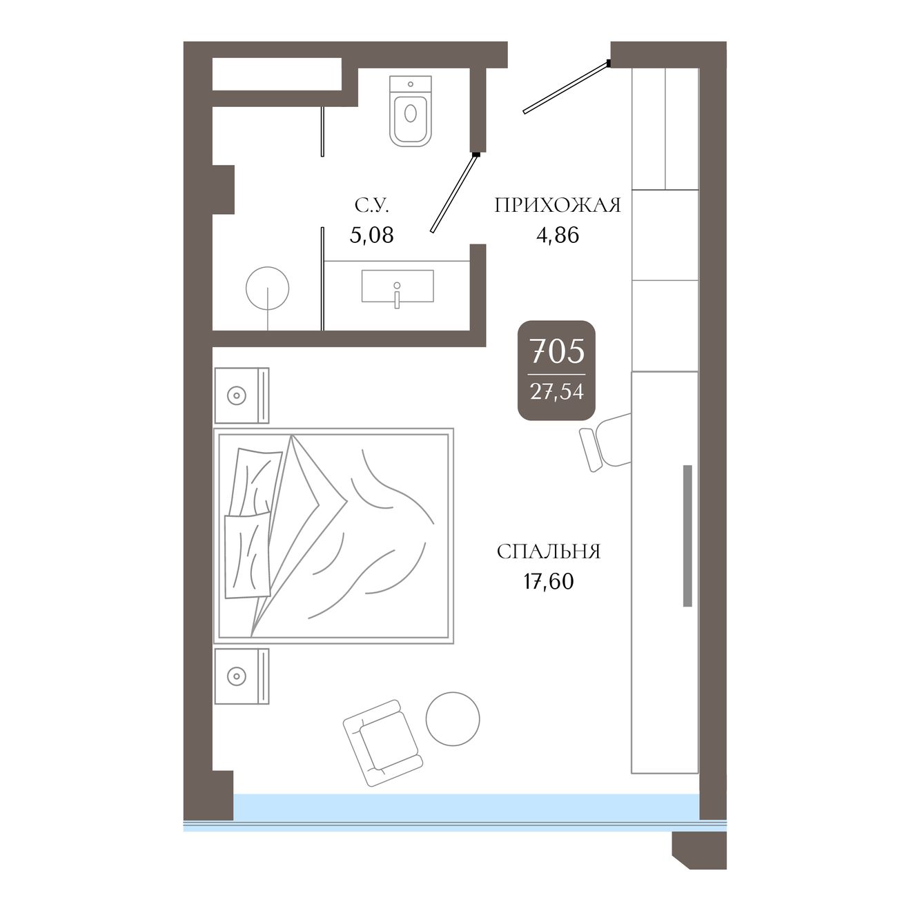 Студия, 27.54 м² · Берий Палас
