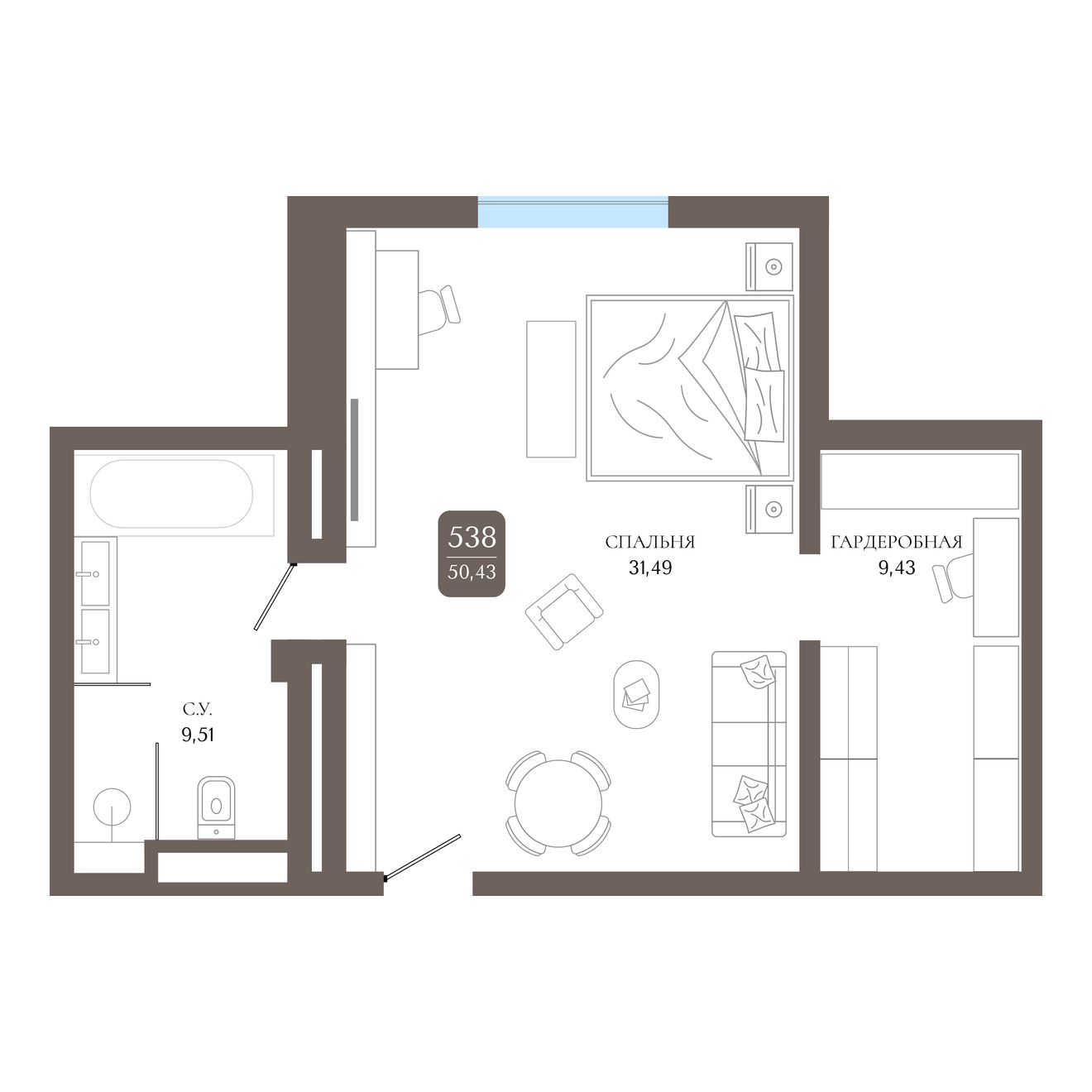 Студия, 50.43 м² · Берий Палас