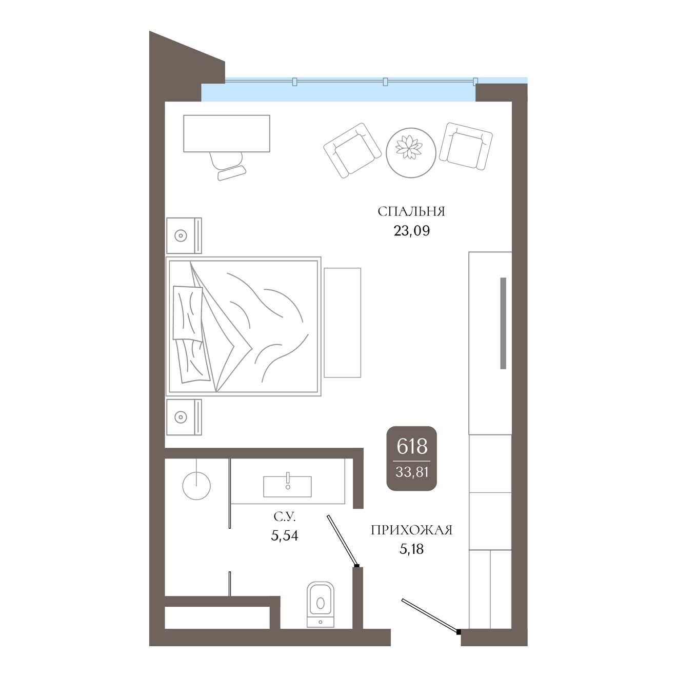 Студия, 33.97 м² · Берий Палас