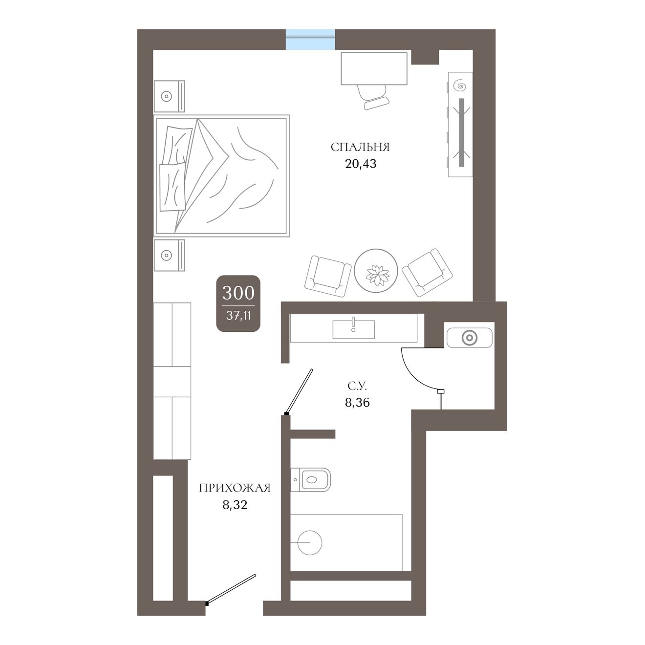 Студия, 37.11 м² · Берий Палас