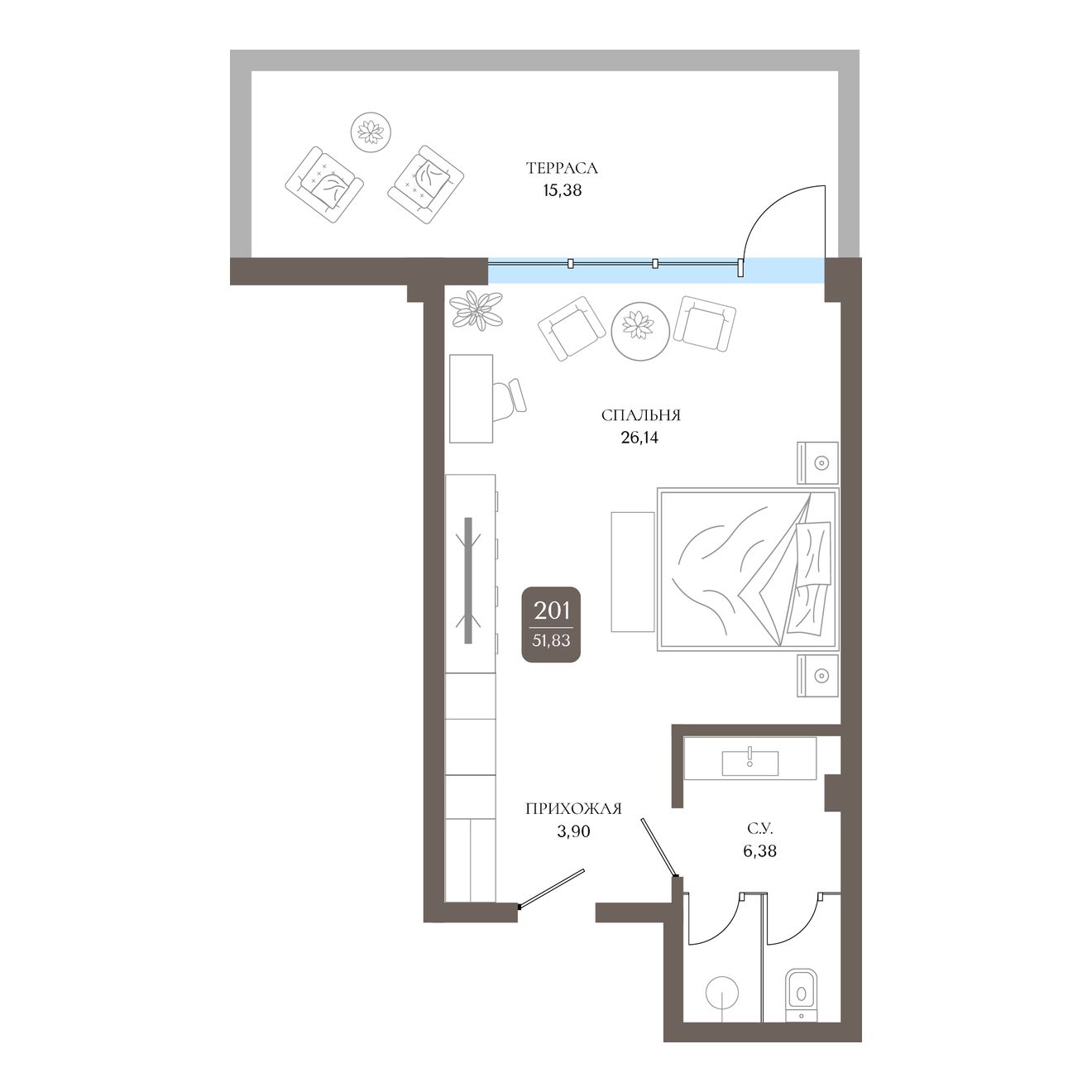 Студия, 51.83 м² · Берий Палас