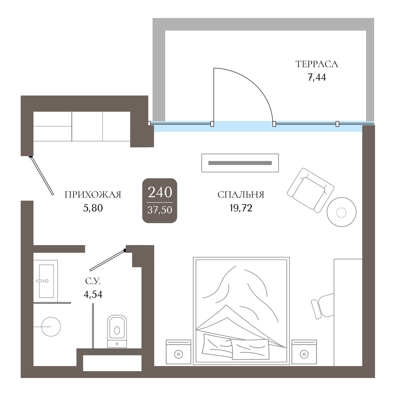 Студия, 37.5 м² · Берий Палас