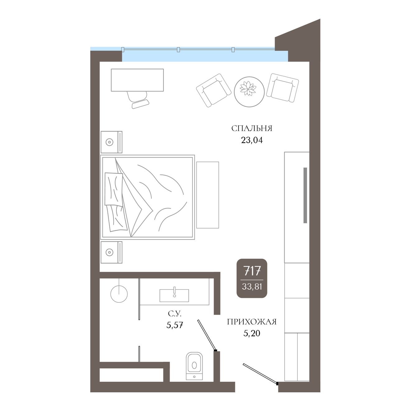 Студия, 33.97 м² · Берий Палас