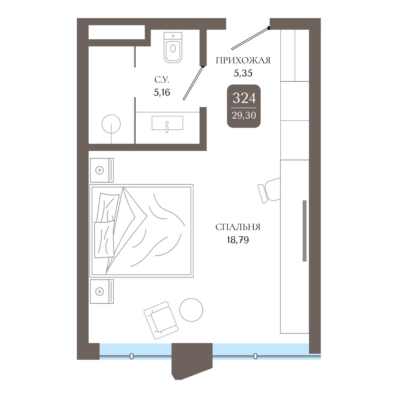 Студия, 29.3 м² · Берий Палас
