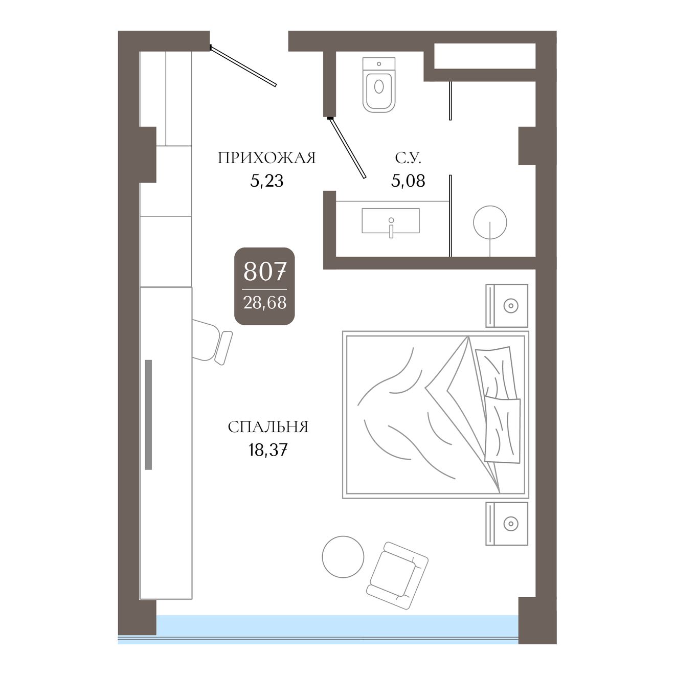 Студия, 28.68 м² · Берий Палас