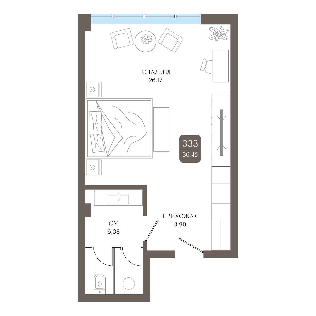 Студия, 36.45 м² · Берий Палас