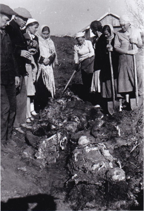 Жители г. Славянска рассматривают только что откопанные трупы жертв немецкой оккупации (свыше 3-х тысяч) на месте боев. Г. Славянск. 1943.