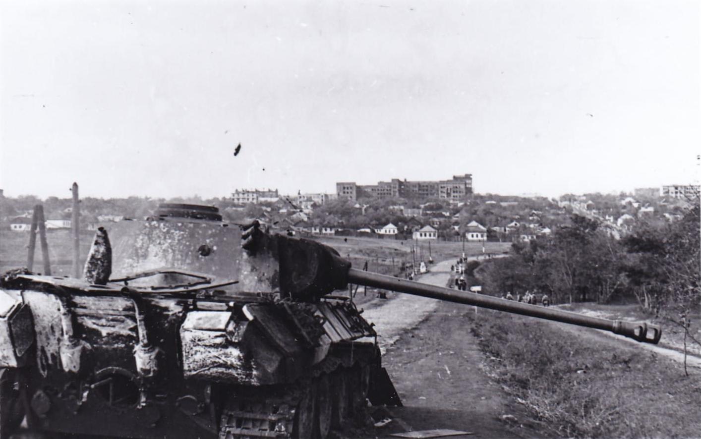 Вид на подбитые немецкие танки со стороны Калиновки, г. Сталино. 1943.