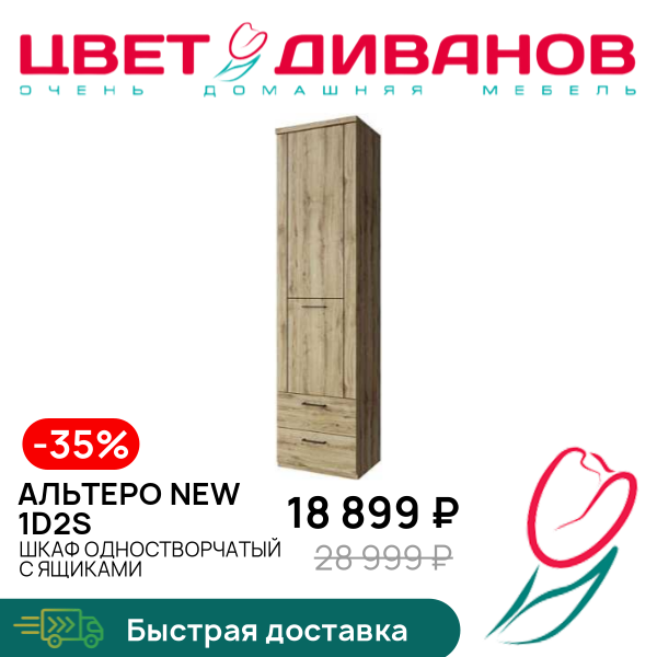 

Шкаф одностворчатый с ящиками Альтеро New 1D2S, Дуб наварра, Альтеро New 1D2S