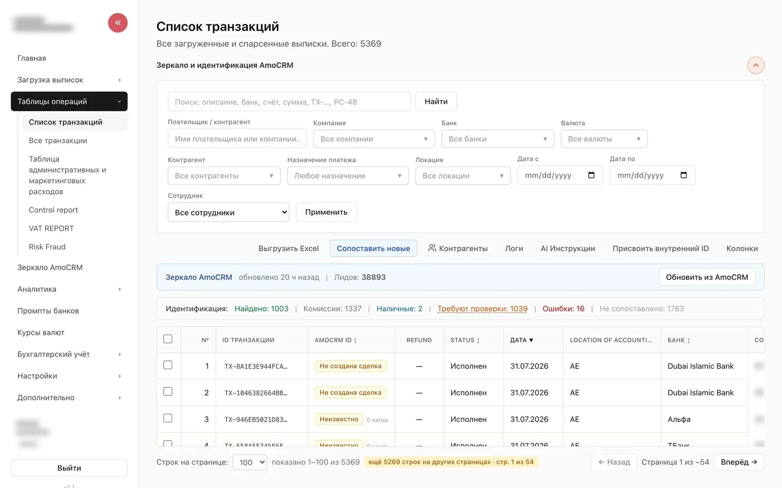 Реестр всех банковских операций с фильтрами и статусами идентификации
