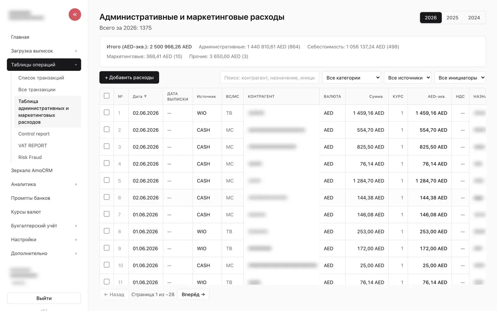 Реестр административных и маркетинговых расходов с пересчётом валют