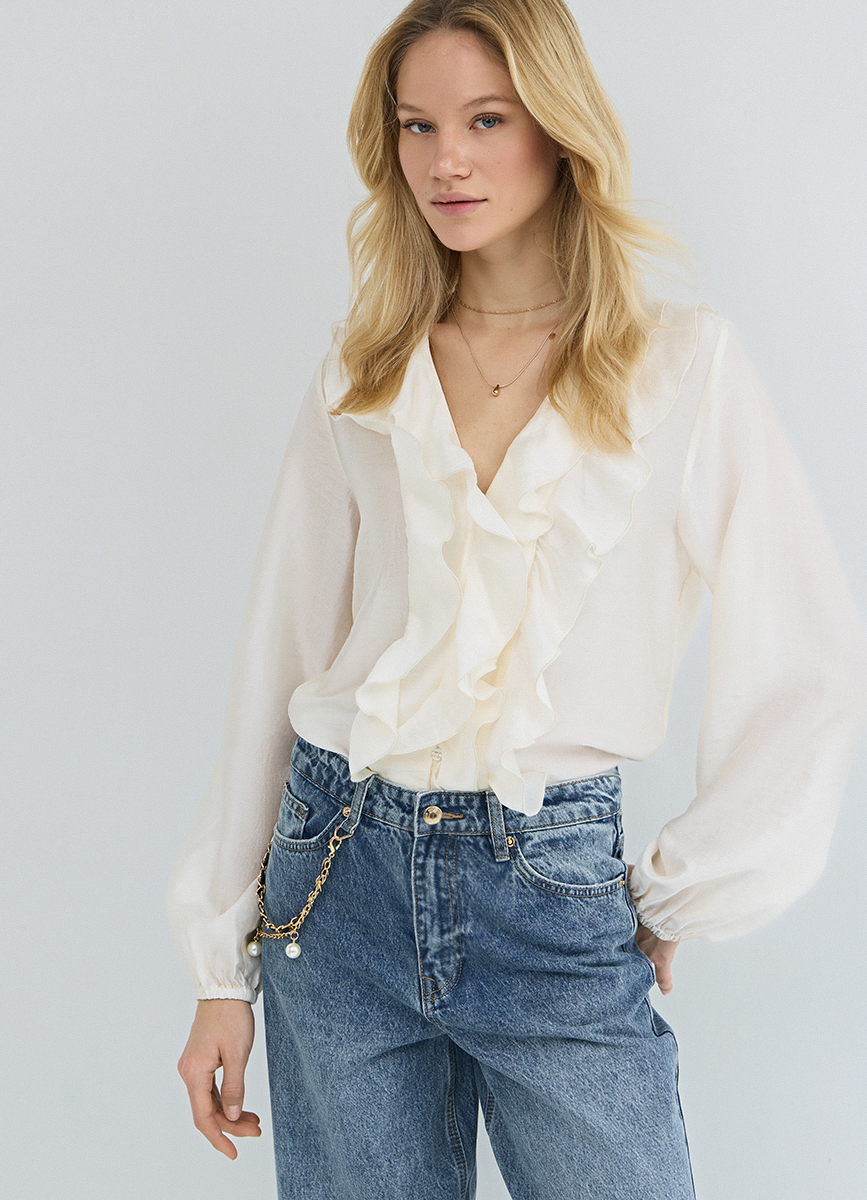 Блузка из лиоцелла с рюшами, Бежевый