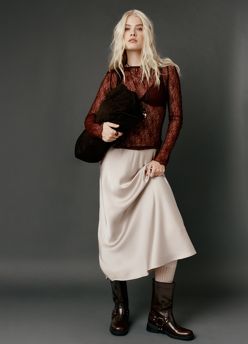 Атласная юбка миди А-силуэта, Бежевый