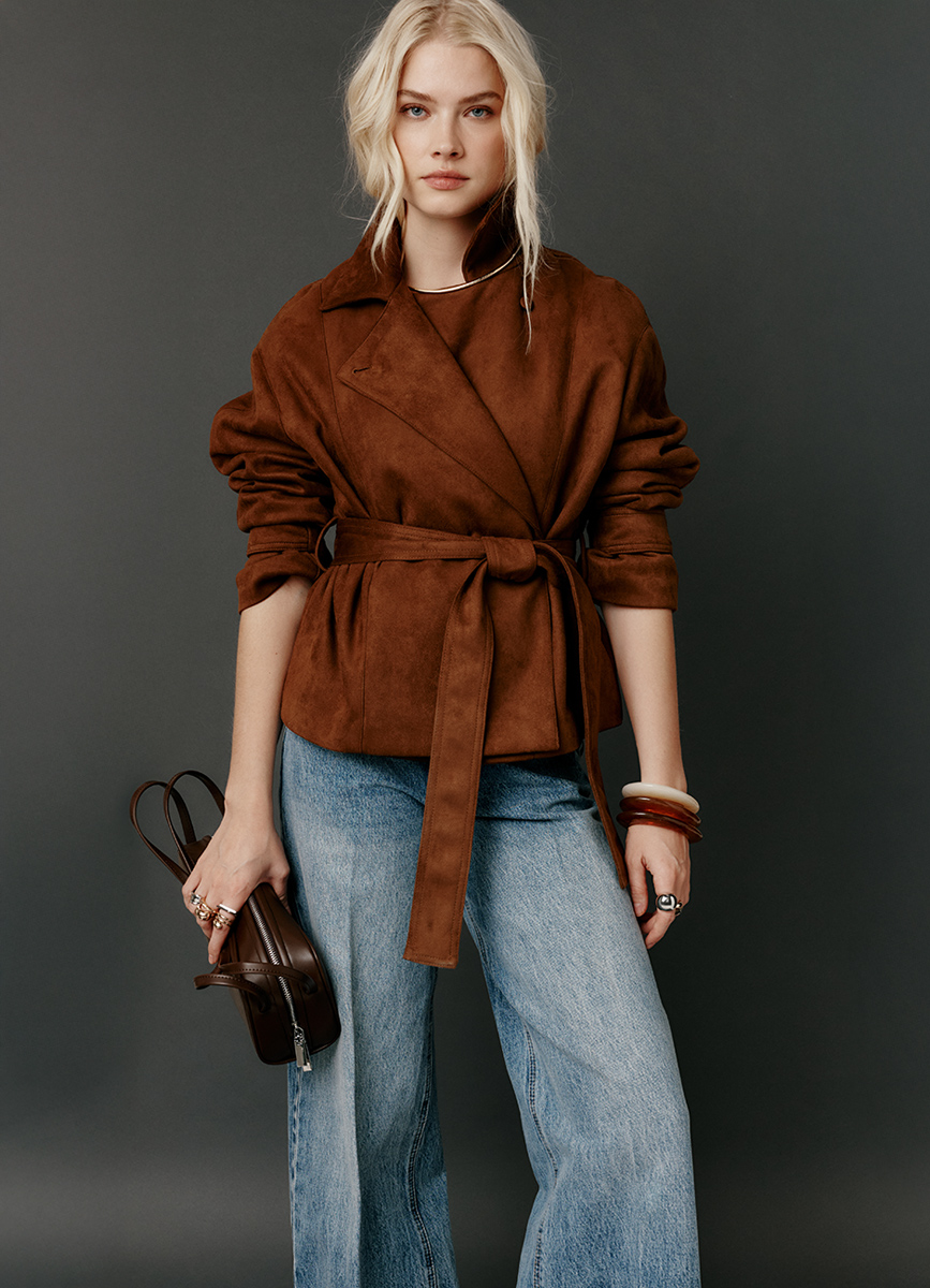 Куртка из искусственной замши с поясом, Желтый