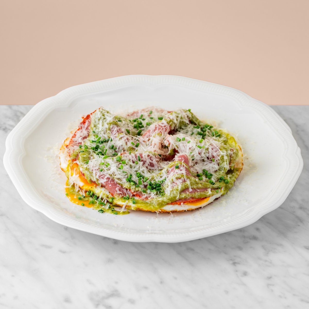 Fried Eggs With Pastrami And Spring Onion Cream