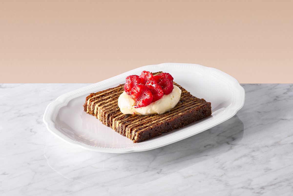 Honey Cake with Yuzu Mascarpone and raspberies.