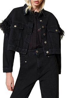 Черная джинсовая куртка с декором из перьев TWINSET Milano