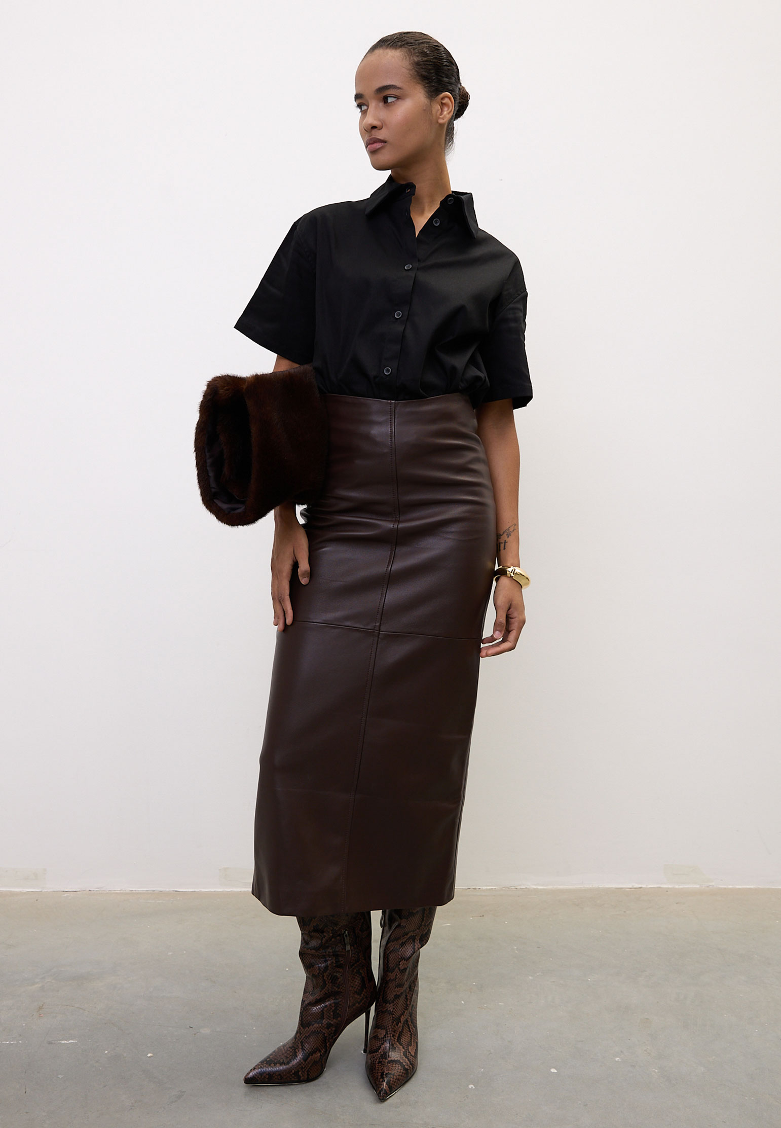 

Кожаная макси юбка THE REAL BASE, Коричневый, Коричневый